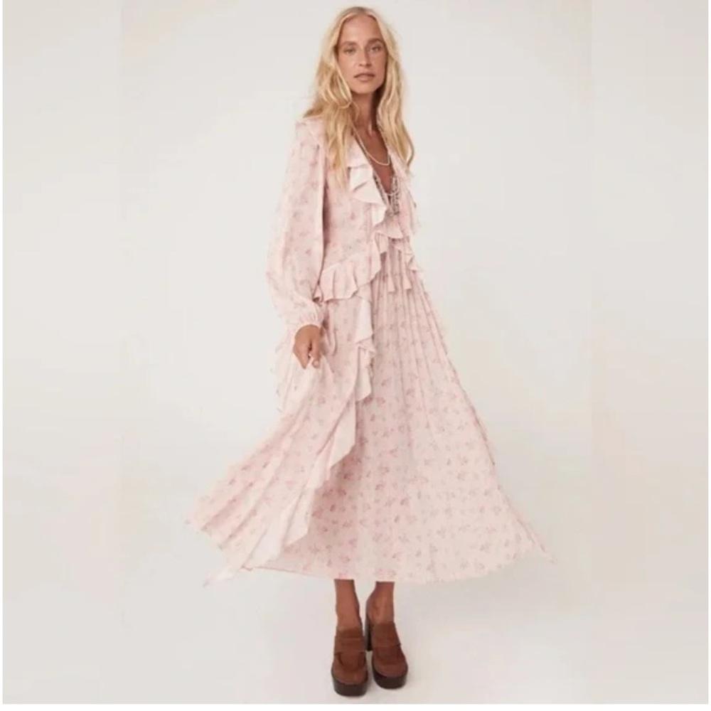 SPELL Fleur Ruffle Gown Pink Champagne Floral Ruffle Maxi Dress - Size Medium - Picture 3 of 13